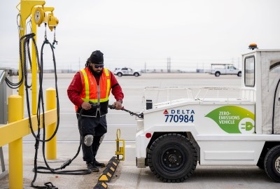 At two Delta hubs: ground support equipment powered with electricity